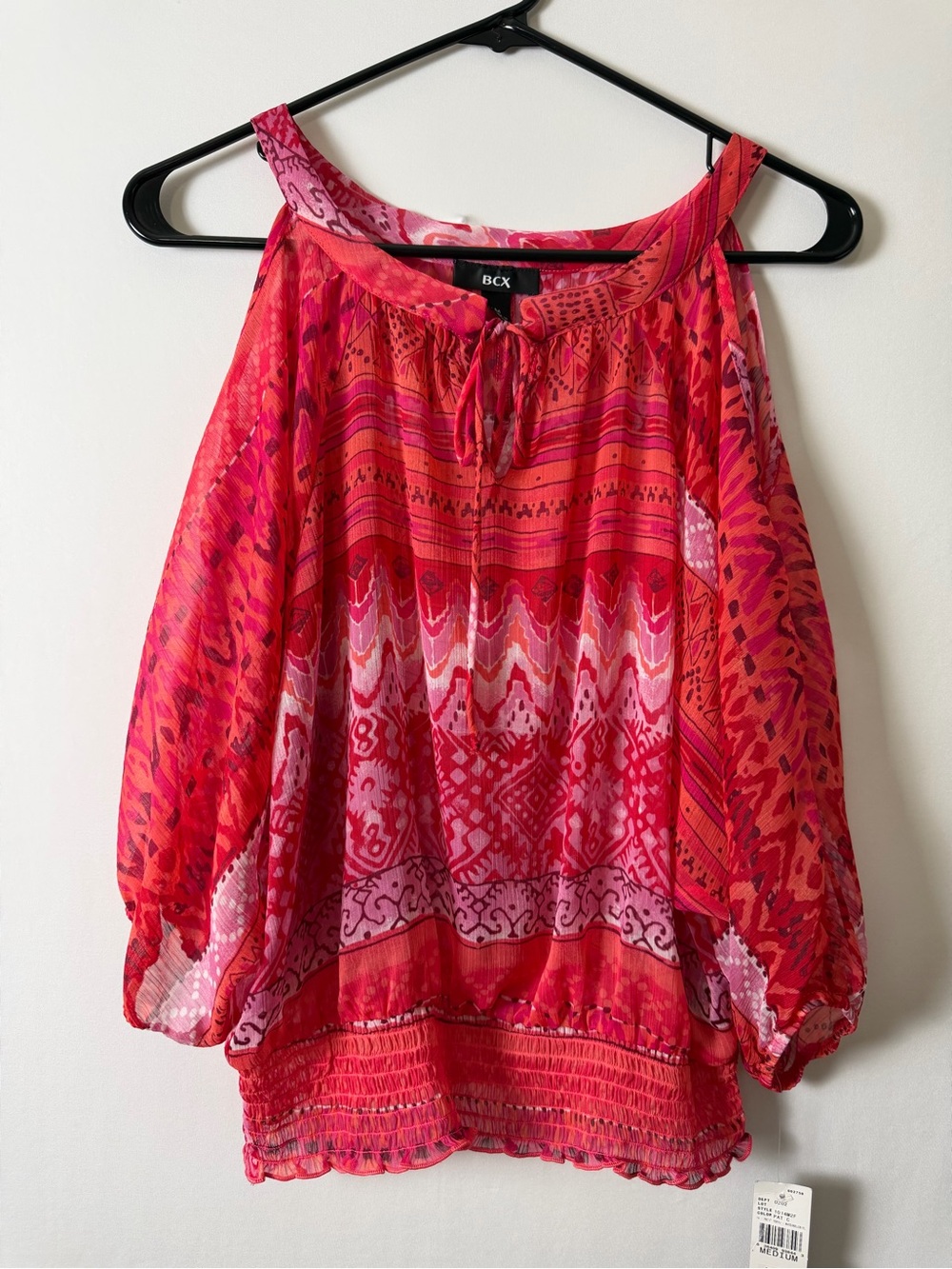 BCX Women's Pink and Red Printed Cold-Shoulder Tie-Neck Blouse